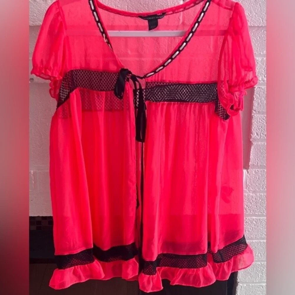 Victoria's Secret Babydoll Robe SZ M Babydoll Pink Melon satin ribbon tie Rare